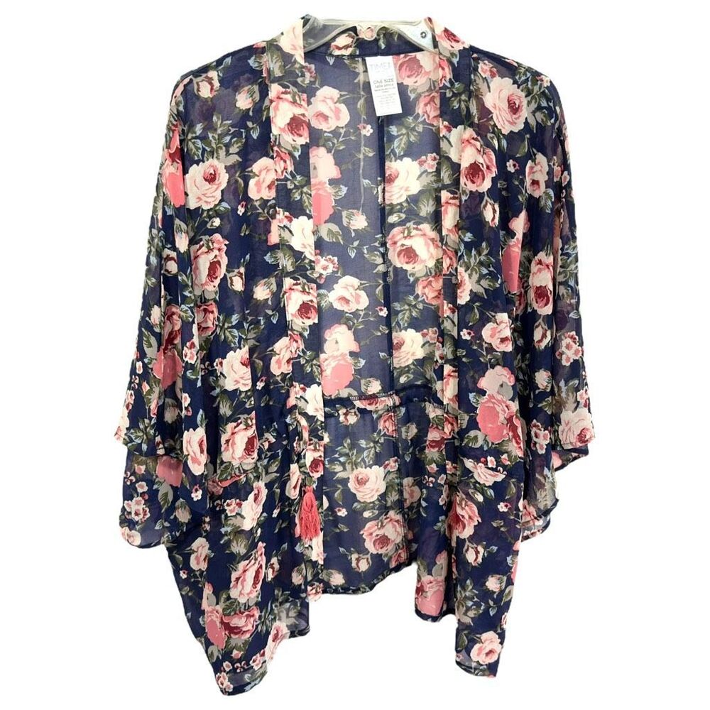 Time & Tru One Size Kimono Shrug Open Blue Pink Floral Cover Up Tassels 815